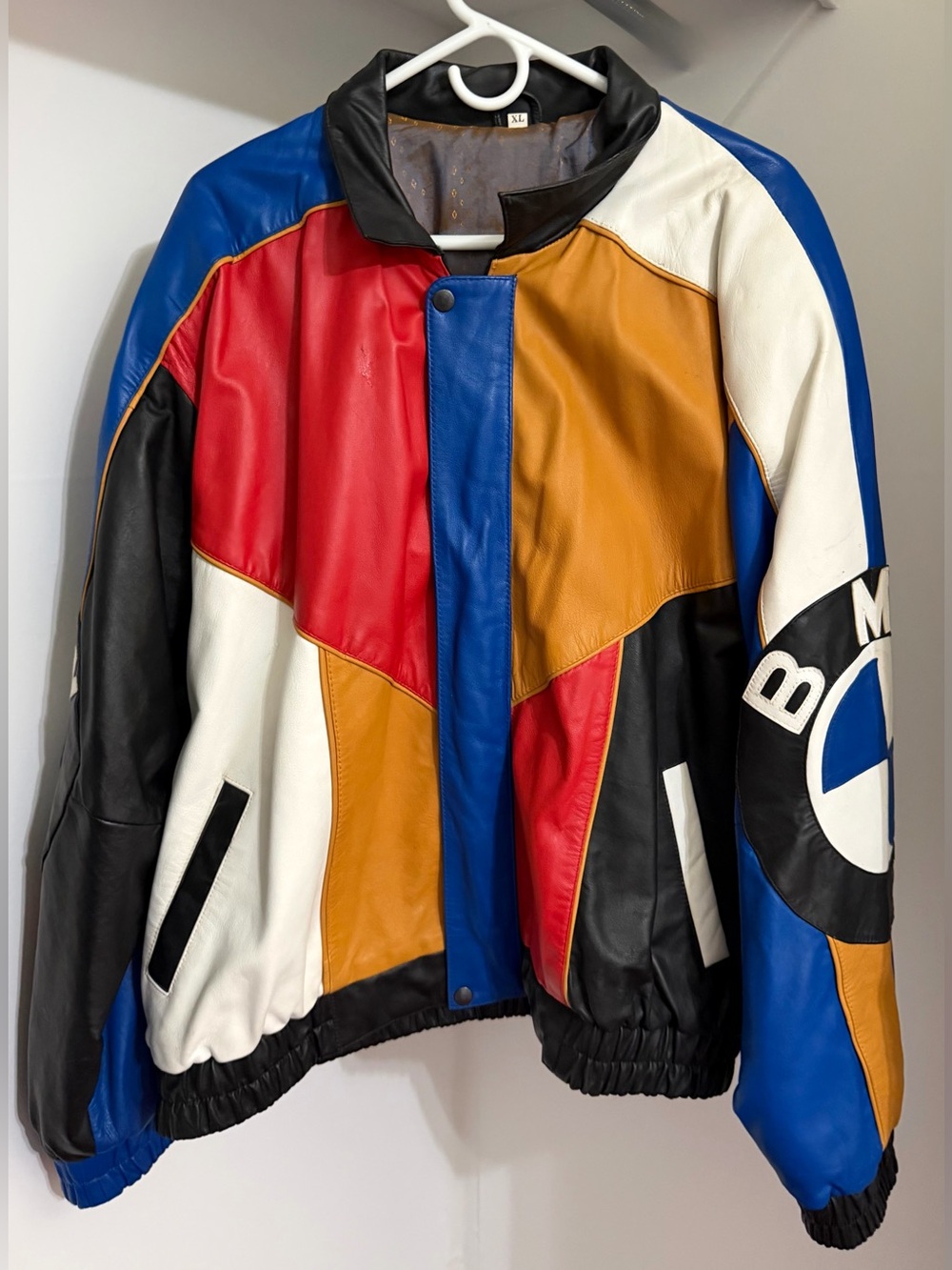 Vintage 80s 90s BMW Colorblock Leather Racing Jacket Mens XL Patchwork Bomber